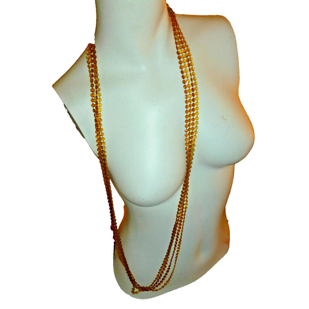 Vintage Brown beaded multi strand sequin necklace Faux Amber Long‎ 43"